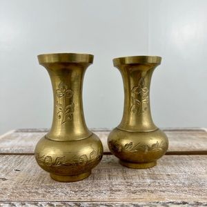 Vintage Ornate Carved Brass Matching Vases Made In India Mid Century